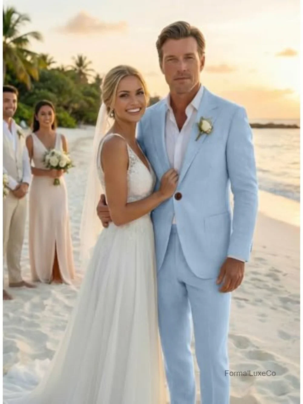 Men's Linen 2-Piece Suit Slim Fit Beach Wedding Tuxedo Groomsmen Blazer & Dress